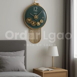 Luxury Green & Gold Deer Pendulum Wall Clock on Wall